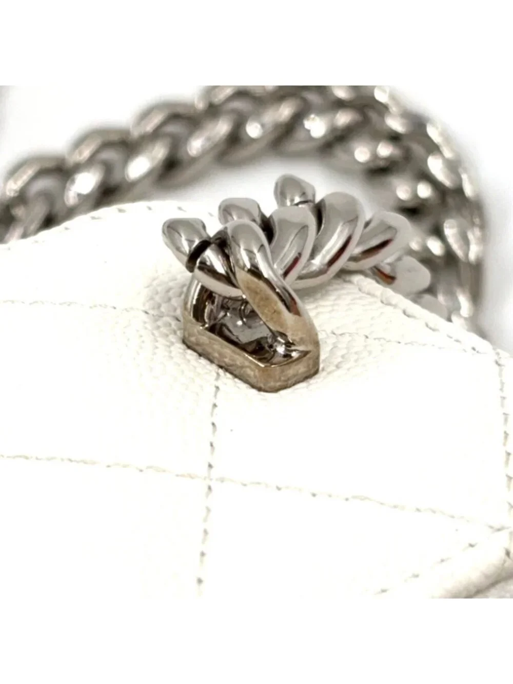 Chanel Classic Small Vanity Caviar Leather White Chain Shoulder Bag Silver